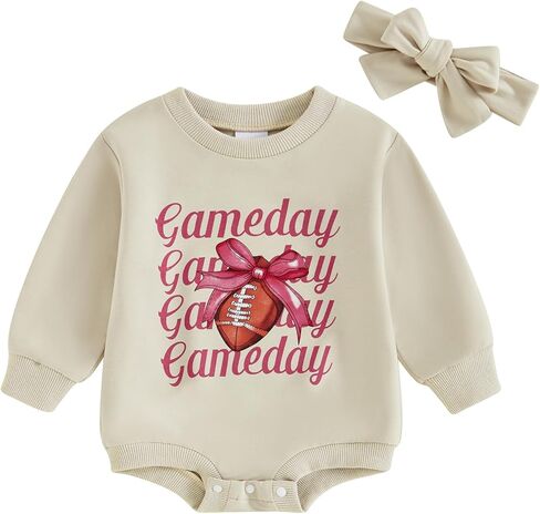 Infant Baby Girl Football Outfits Game Day Print Bubble Oversized Sweatshirt Romper Headband Cute Fall Winter Clothes in Kuwait