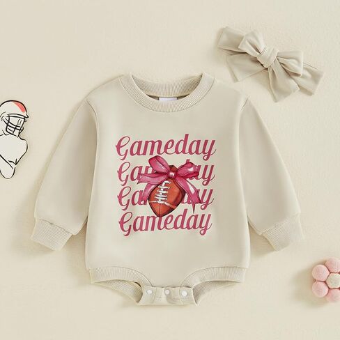 Infant Baby Girl Football Outfits Game Day Print Bubble Oversized Sweatshirt Romper Headband Cute Fall Winter Clothes in Kuwait