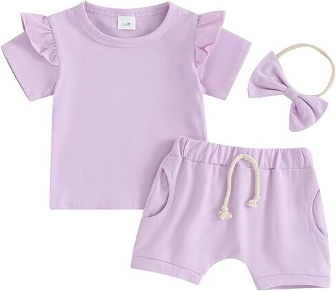 Ledy Champswiin Infant Baby Girl Summer Clothes Solid Color Short Sleeve Ruffle Tops Shorts Set Toddler 3Pcs Outfits in Kuwait