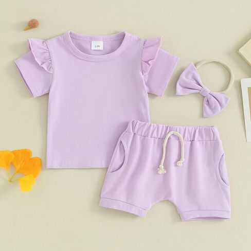 Ledy Champswiin Infant Baby Girl Summer Clothes Solid Color Short Sleeve Ruffle Tops Shorts Set Toddler 3Pcs Outfits in Kuwait