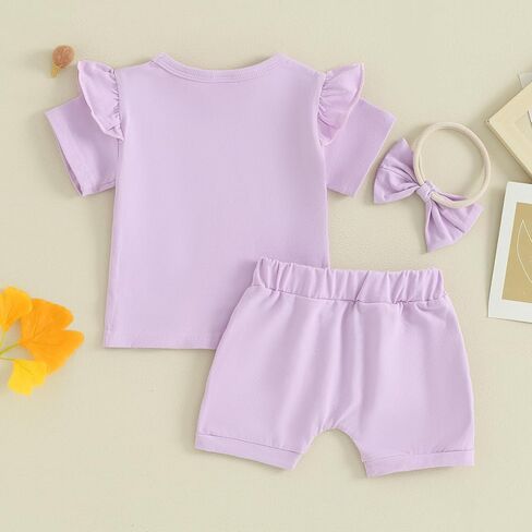 Ledy Champswiin Infant Baby Girl Summer Clothes Solid Color Short Sleeve Ruffle Tops Shorts Set Toddler 3Pcs Outfits in Kuwait