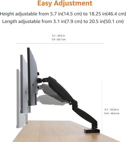 Amazon Basics Gas Spring Single Computer Monitor Arm Mount, Adjustable, Holds up to 27" Monitors, Black in Saudi Arabia