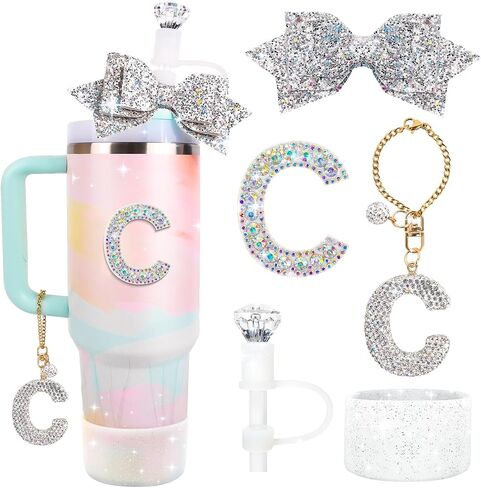 Water Bottle Accessories Set for Stanley Cup 30&40Oz, Letter Charms, Diamond Straw Topper, Glitter Silicone Boot & Sticker, Bow Straw Cover in Saudi Arabia