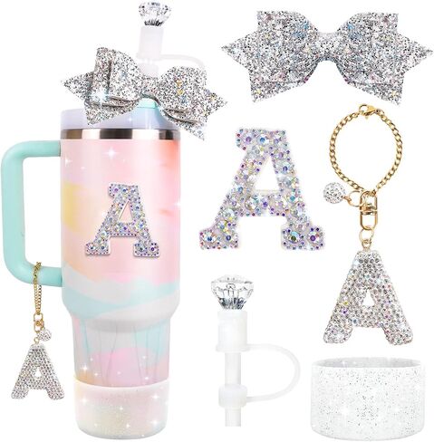 Water Bottle Accessories Set for Stanley Cup 30&40Oz, Letter Charms, Diamond Straw Topper, Glitter Silicone Boot & Sticker, Bow Straw Cover in Saudi Arabia