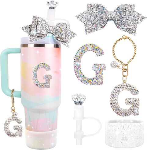 Water Bottle Accessories Set for Stanley Cup 30&40Oz, Letter Charms, Diamond Straw Topper, Glitter Silicone Boot & Sticker, Bow Straw Cover in Saudi Arabia