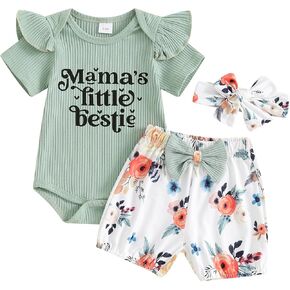MoZiKQin Baby Girl Clothes Newborn Outfit Short Sleeve Ribbed Romper Floral Shorts Headband Infant 3Pcs Clothing Set