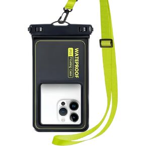 حقيبة هاتف عائمة مقاومة للماء، حقيبة جافة للهاتف الخلوي، ملحقات أساسية للسفر على الشاطئ والقارب والقوارب والكاياك متوافقة مع iPhone 15 14 13 Pro Max حتى 7 بوصات، عبوة واحدة - أسود/أصفر عالي الوضوح in Kuwait