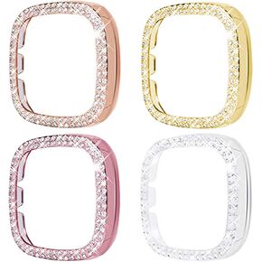 [Double Diamonds] Bling Protector Case Compatible for Fitbit Versa 3/ Sense, Shiny Crystal Rhinestone Bumper Frame for Women Smart Watch (4 Pack, Clear+Black+Silver+Gun Black)