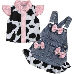 Lefyira Toddler Cowgirl Outfit Cow Print Button Up Shirt Denim Overall Dress Baby Girl Suspender Dress Set Fall Clothes