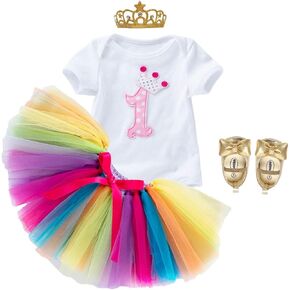 FMYFWY Baby Girls It's My 1st Birthday 4Pcs Outfits Cake Smash Set Cotton Bodysuit Romper Tutu Skirt Shoes Crown Headband