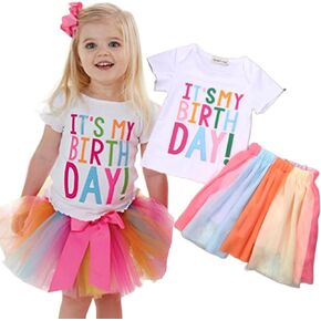 2PCS Baby Girl Birthday Outfits Short Sleeve Letters Patchwork Shirt + Colorful Strips Mesh Skirts Sets