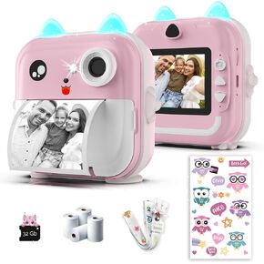Instant Print Camera for Kids - 1080P HD, 48MP, 32G Card, Bluetooth, Free App, 4 Rolls Print Paper, Stickers, Fun Filters, Gift for Boys and Girls - Pink Camera for Kids 3-12 yo - Kids Camera