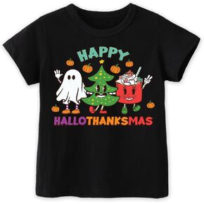 Happy Hallothanksmas Shirt for Toddler, Halloween Thanksgiving Christmas T Shirt for Boys Girls Kids, Xmas Tee Fun Top, 2-6T