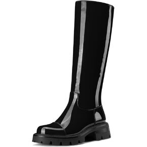HDEUOLM Womens Chunky Platform Low Heel Round Toe Knee High Boots Slip-on Party Dress Patent Leather Boots Lug Sole Platform Boots