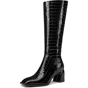 TNYNFBEB Womens Chunky Block Mid Heel Square Toe Knee High Boots Zipper Prom Party Dress 2.8 Inches Heels