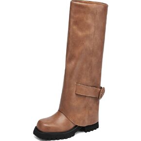 Women's Knee High Boots Chunky Lug Sole Tall Boots Fold Over Boots with Buckle Strap Square Toe Riding Boots for Women