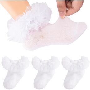 Meeshine 3 Pairs Toddler Baby Girls Ruffle Lace Socks White Ankle Lightweight Cotton Frilly Dress Socks for Kids 1-8T