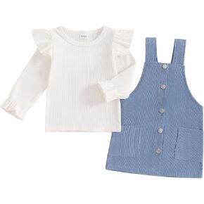 Fall Outfit Toddler Baby Girl Ribbed Ruffle Long Sleeve T-shirt Sweater Corduroy Overall Dress Skirt Clothes Set