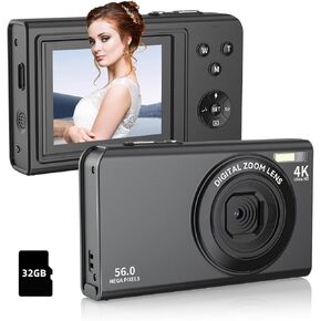 كاميرا رقمية، كاميرا 4K 1080P للتصوير الفوتوغرافي، كاميرا رقمية مدمجة للنقطة والتقاط مع شاشة تكبير 16X مقاس 2.8 بوصة، مضادة للاهتزاز، كاميرا 56 ميجابكسل مع بطاقة 32 جيجابايت للأطفال والمراهقين والمبتدئين
