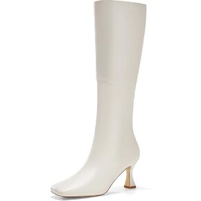 Coutgo Womens Kitten Heel Knee High Boots Wide Calf Square Toe Leather Boot Shoes with Zipper