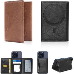 Magnetic Phone Wallet Card Holder, 2PCS Magnetic Wallet for iPhone 15/14/13/12 Series, Adjustable Phone Stand Compatible with MagSafe Phones and Cases (Black, Brown)