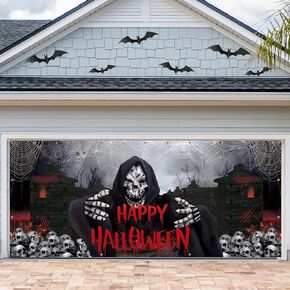 Vlipoeasn Halloween Garage Door Decorations, 7x16 Ft Halloween Garage Door Cover Banner, Skull Ghosts Halloween Outdoor Party Photography Backdrop Sign Poster Decorations Supplies