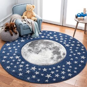SAFAVIEH Carousel Kids Collection 5'3" Round Navy/Grey CRK135N Moon & Stars Non-Shedding Playroom Nursery Bedroom Area Rug
