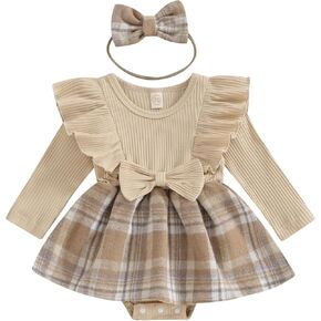 Infant Baby Girl Fall Winter Clothes Long Sleeve Plaid Romper Dress Bodysuit with Headband Set Newborn Outfits