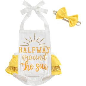 BULINGNA Baby Girl Half Birthday Outfit Half Way Arround the Sun Romper Summer Ruffle Cake Smash Onesie with Headband