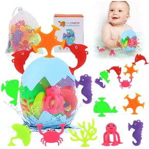 Kid Suction Bath Toys, 18 Piece Silicone Sea Animal Suction Cup Toys with Eggshell & Bag No Hole Mold Free Sensory Fidget Window Building Set Toddler Baby Preschool Travel Essential 3 4 5 6 Year Gift