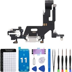 for iPhone 11 Charging Port Dock Connector Replacement OEM White Headphone Port USB Charge Flex Cable Microphone Antanna Ribbon Assembly Repair Tools Kits Waterproof Sticker A2111 A2223 A2221