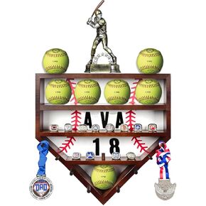 Baseball Display Case - 17" Wooden Baseball Ring Holder, Wall Mount Championship Ring Display Case for Balls, Rings, Medals, Trophies - One Case for All Memorabilia