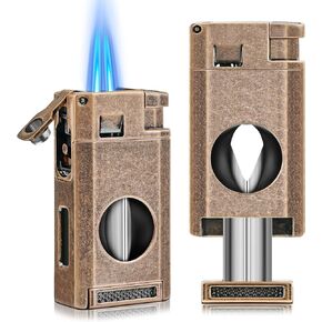 Cigar Lighter and Cutter, Powerful 4 Jet Flame Torch Lighters, with Punch Built in, Big Holder, Cigar lighters Set, Thanksgiving Christmas Day Gift (NO Gas)