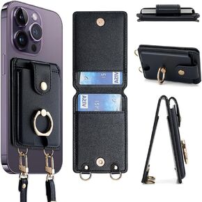 DOB SECHS Phone Wallet Stick on, Strong Adhesive Slim Credit Card Holder Sleeve for Cellphone with Detachable Crossbody Strap, Cell Phone Grip Ring Stand Compatible with Most Smartphones, Black