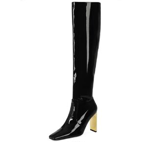 VOMIRA Knee High Boots Women Chunky Heel Square Toe Black Boots for Women High Heel Side Zipper Dress Long Boots Stretch Leather Tall Boots
