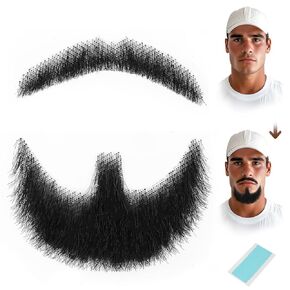 Fake Beard Fake Mustache Fake Goatee Realistic 100% Human Hair Full Hand Tied Goatee False Beards Lace Invisible Fake Mustache for Halloween Dressing Men Makeup Entertainment/Drama/Party/Movie