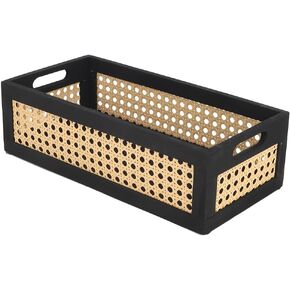 Wood Storage Basket, Small Rattan Storage Box with Handles for Bathroom Kitchen Office Desk