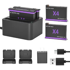 Battery Charger Set for Insta360 X4-2 Pack 2500mAh Battery with Triple Slot Fast Charger Hub for Insta 360 X 4 Insta360X4 Pro Accessories CINSBBMA 【 2 Batteris +2 Case + 1 Charger + USB Wall Plug】