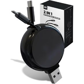 2-in-1 Retractable Charger for Car, Wall Outlet or PC | Modern Car Charger Retractable Cord | Retractable iPhone Charger Cord 15W Fast Charging | Retractable Car Charger for iPhone and Android