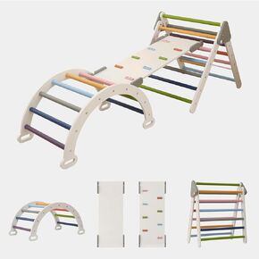 Pikler Triangle Set 5 in 1, Montessori Climbing Set for Toddlers Indoor, Foldable Climbing Gym Toys for Kids, 1-3 Inside with Ramp, Arch and Ladder(Rainbow)