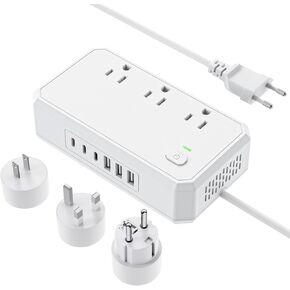 PD 20W Voltage Converter US to Europe, 250W Step Down 220v to 110v Voltage Converter, 6 AC Output, 6 USB Ports with UK/US/EU Plug Adapter, White