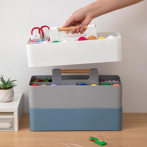 مجموعة EZOWare مكونة من 3 حقائب حمل بلاستيكية قابلة للتكديس، صناديق تنظيم تخزين كبيرة مع 5 أقسام ومقبض للمكياج، والزينة، والحمام، واللوازم المكتبية، والحرف اليدوية، وغرفة الأطفال - 3 ألوان in Kuwait