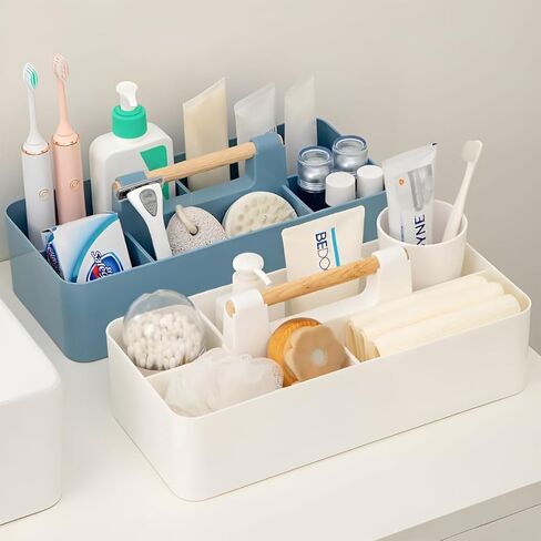 مجموعة EZOWare مكونة من 3 حقائب حمل بلاستيكية قابلة للتكديس، صناديق تنظيم تخزين كبيرة مع 5 أقسام ومقبض للمكياج، والزينة، والحمام، واللوازم المكتبية، والحرف اليدوية، وغرفة الأطفال - 3 ألوان in Kuwait