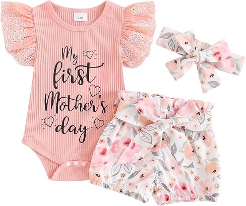 MoZiKQin Baby Girl Clothes Newborn Outfit Short Sleeve Ribbed Romper Floral Shorts Headband Infant 3Pcs Clothing Set in Saudi Arabia