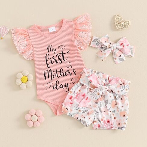 MoZiKQin Baby Girl Clothes Newborn Outfit Short Sleeve Ribbed Romper Floral Shorts Headband Infant 3Pcs Clothing Set in Saudi Arabia