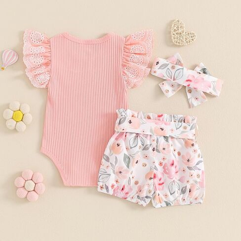 MoZiKQin Baby Girl Clothes Newborn Outfit Short Sleeve Ribbed Romper Floral Shorts Headband Infant 3Pcs Clothing Set in Saudi Arabia