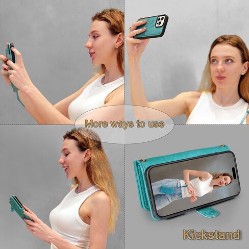 حافظة Lacass لهاتف iPhone 16 Pro مقاس 6.3 بوصة قابلة للفصل، متوافقة مع الشحن اللاسلكي MagSafe، [حماية من سرقة البطاقات]، حافظة مغناطيسية بسحاب من جلد البولي يوريثان (زهري أزرق أخضر) in Kuwait