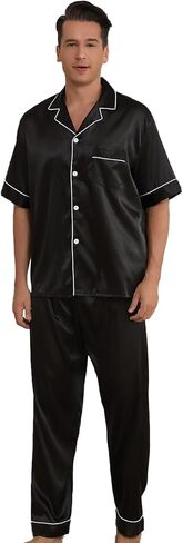 طقم بيجامة من الحرير والساتان بأكمام قصيرة وسروال ملابس نوم بأزرار سفلية للرجال Pj قطعتين in Kuwait