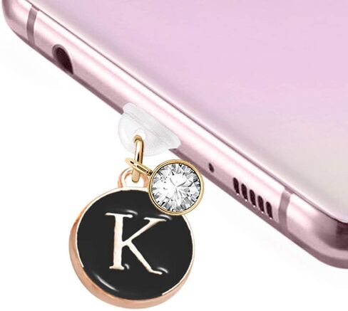 ELISE & FONDA TP37 New Type-C USB Charging Port Anti Dust Plug Tiny Round Letter K Cell Phone Charm for Samsung Galaxy/Huawei/OnePlus/Xiaomi/Oppo New Android Phones(Black) in Saudi Arabia