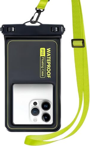 حقيبة هاتف عائمة مقاومة للماء، حقيبة جافة للهاتف الخلوي، ملحقات أساسية للسفر على الشاطئ والقارب والقوارب والكاياك متوافقة مع iPhone 15 14 13 Pro Max حتى 7 بوصات، عبوة واحدة - أسود/أصفر عالي الوضوح in Kuwait